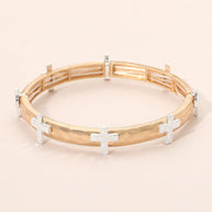Hammered Brushed Metal Cross Accent Stretch Bracelet