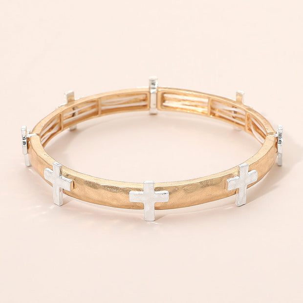Hammered Brushed Metal Cross Accent Stretch Bracelet