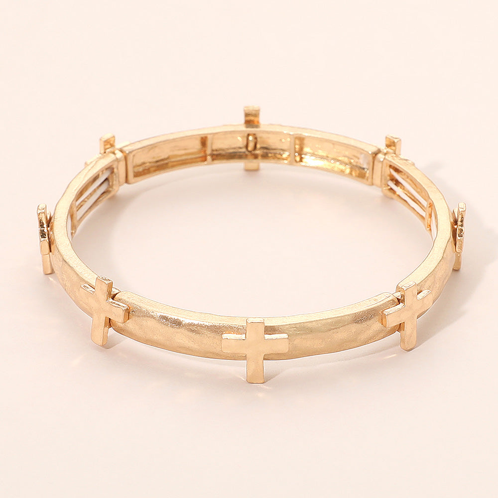 Hammered Brushed Metal Cross Accent Stretch Bracelet