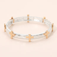 Hammered Brushed Metal Cross Accent Stretch Bracelet
