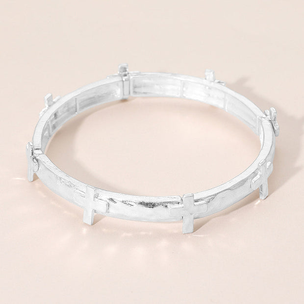 Hammered Brushed Metal Cross Accent Stretch Bracelet