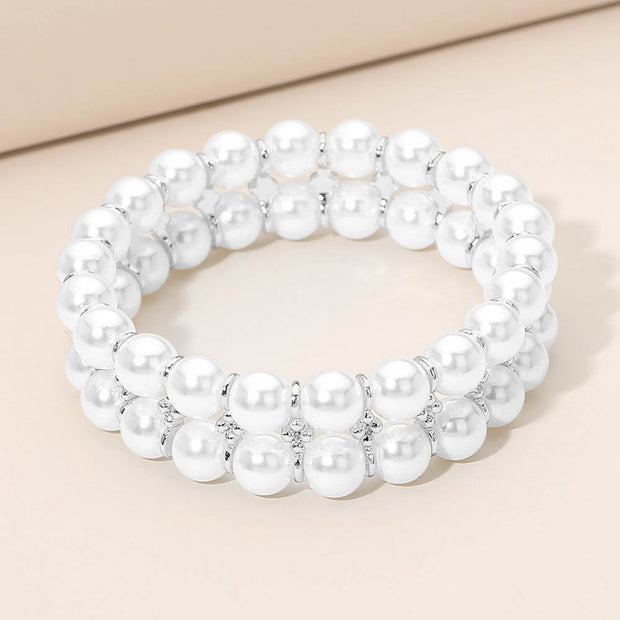 Double Row Pearl Beaded Stretch Bracelet