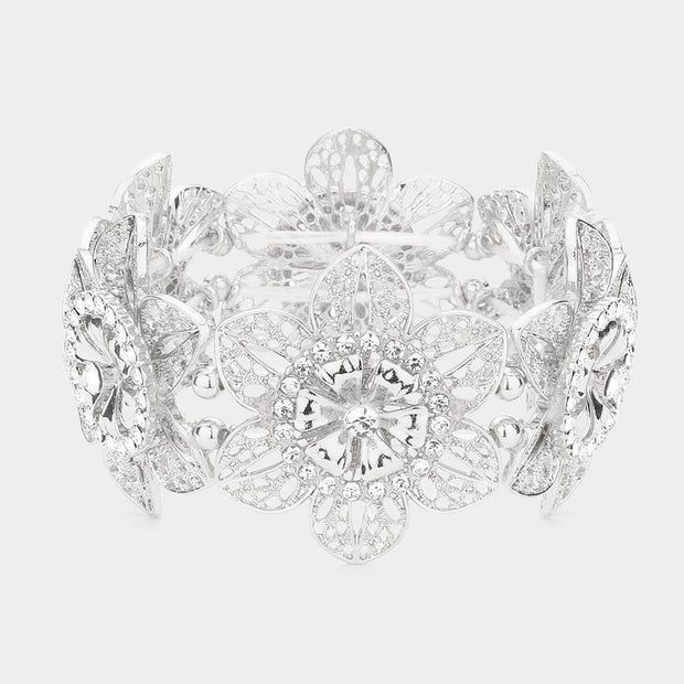 Rhinestone Embellished Cutout Metal Flower Stretch Bracelet