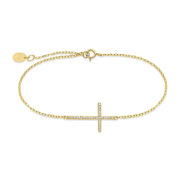 Sterling Silver Sideways CZ Cross Bracelet