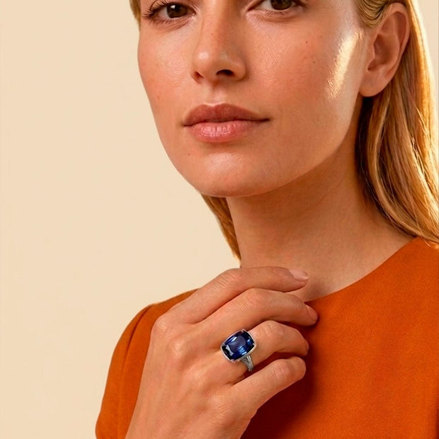 Sterling Silver Elongated Cushion Sapphire CZ Cocktail Ring