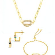Pave CZ Carabiner Linked Lock Necklace Bundle