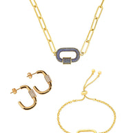 Pave CZ Carabiner Linked Lock Necklace Bundle