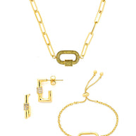 Pave CZ Carabiner Linked Lock Necklace Bundle