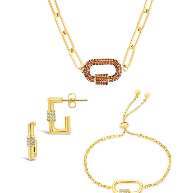 Pave CZ Carabiner Linked Lock Necklace Bundle