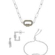 Pave CZ Carabiner Linked Lock Necklace Bundle