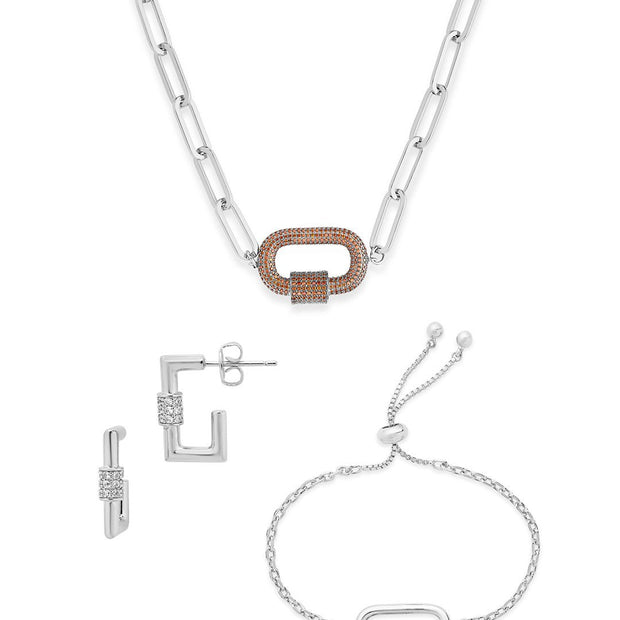 Pave CZ Carabiner Linked Lock Necklace Bundle