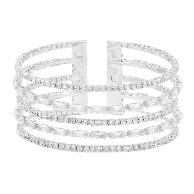 CZ Baguette Stone Accented Split Cuff Evening Bracelet