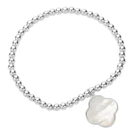Mother Of Pearl Quatrefoil Charm Stainless Steel Ball beaded Stretch Bracelet