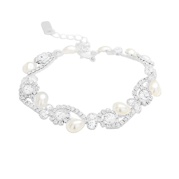 Teardrop Pearl Rhinestone Pave Floral Evening Bracelet