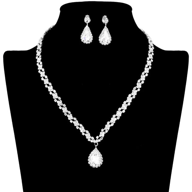 Teardrop Stone Pendant Accented Rhinestone Pave Necklace