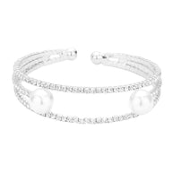 Trendy Pearl Accented Split Rhinestone Cuff Evening Bracelet