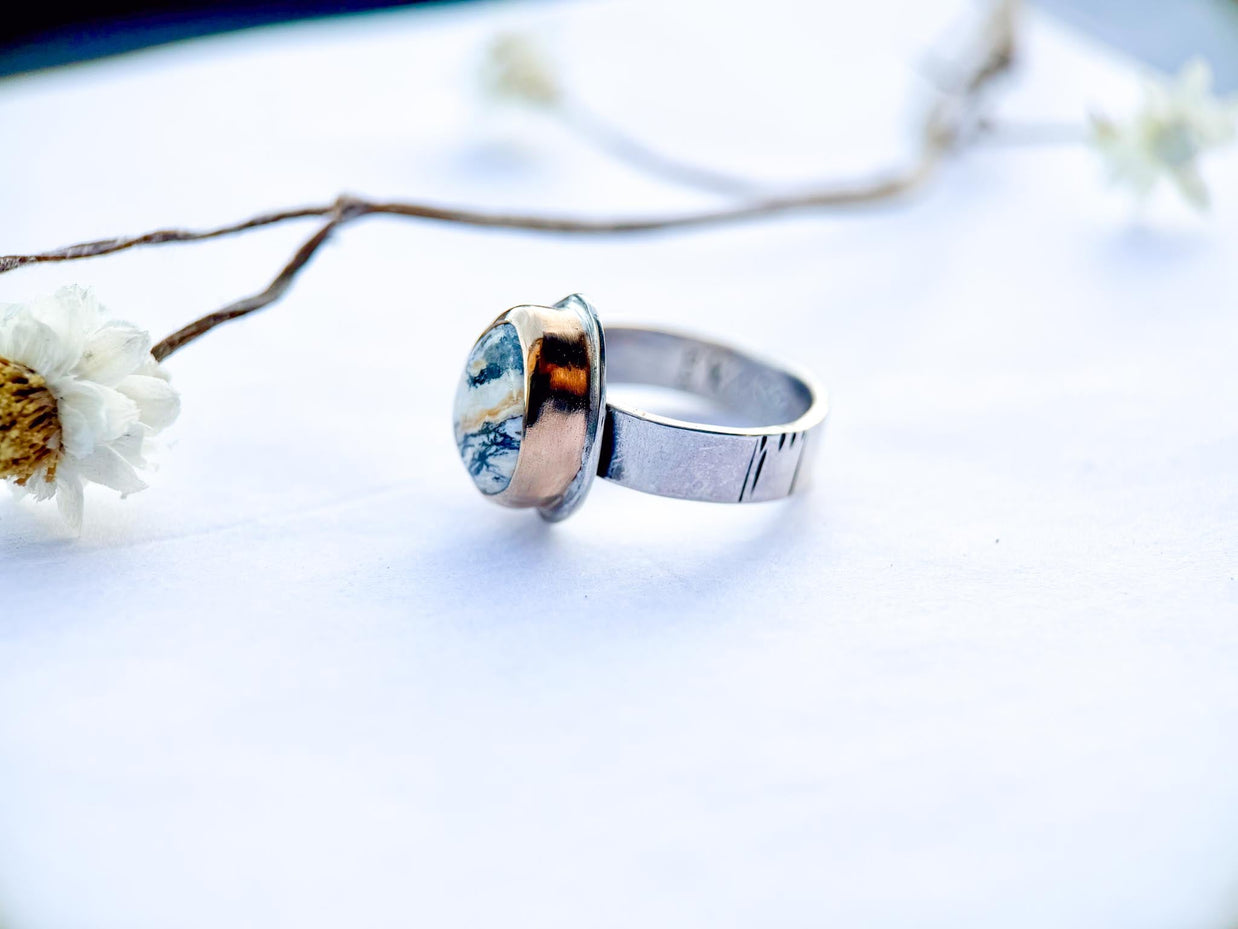 White Buffalo Turquoise Petite Ring | Gold Fill Bezel Sterling Silver Band | Stand Collection