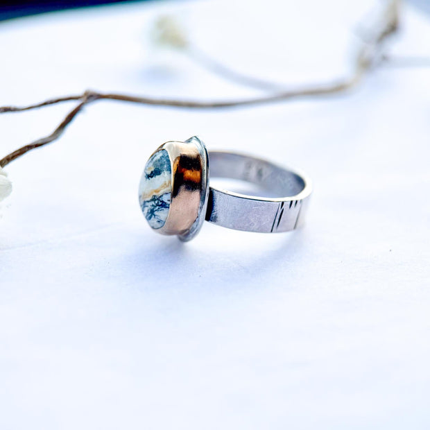 White Buffalo Turquoise Petite Ring | Gold Fill Bezel Sterling Silver Band | Stand Collection