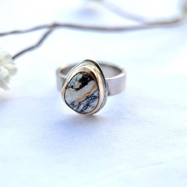 White Buffalo Turquoise Petite Ring | Gold Fill Bezel Sterling Silver Band | Stand Collection