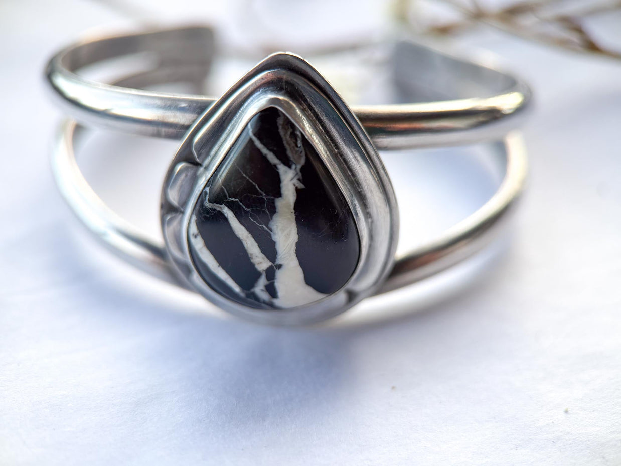 White Buffalo Turquoise Cuff Bracelet | Sterling Silver Teardrop Statement Cuff | Stand Collection
