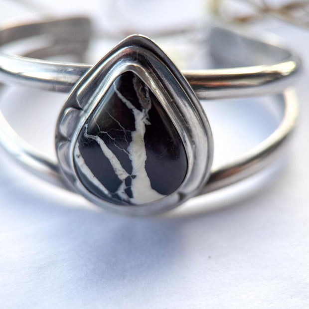 White Buffalo Turquoise Cuff Bracelet | Sterling Silver Teardrop Statement Cuff | Stand Collection