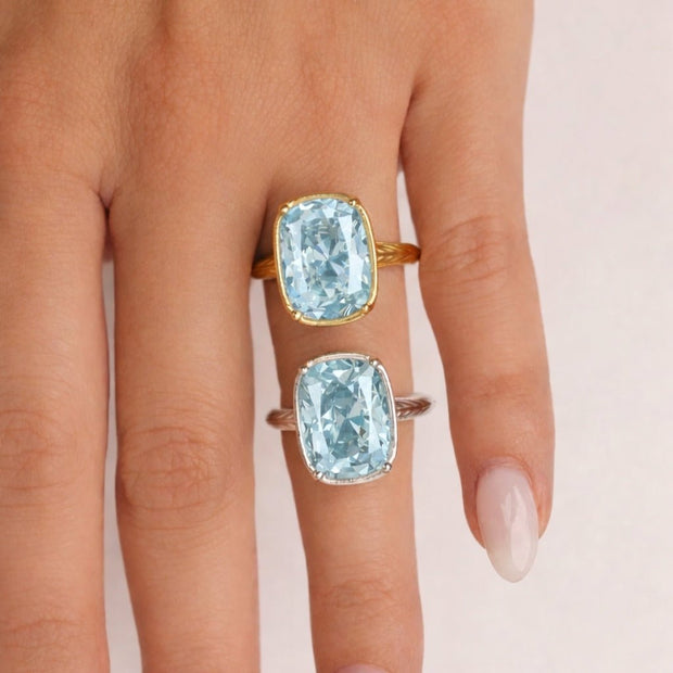 Sterling Silver Elongated Cushion Aquamarine CZ Cocktail Ring