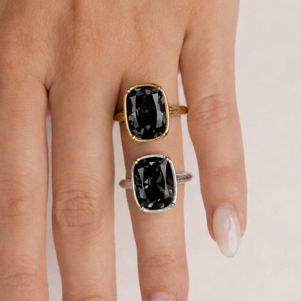 Sterling Silver Elongated Cushion Black CZ Cocktail Ring