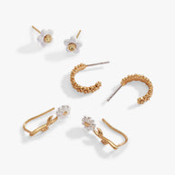 Daisy Flower Stud and Huggie Hoop Earring Set of 3