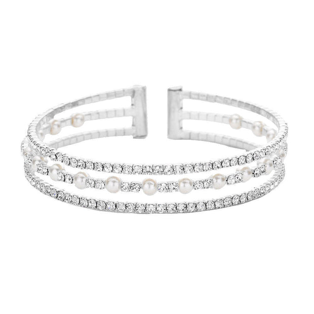 Elegant Pearl Accented Rhinestone Cuff Bracelet