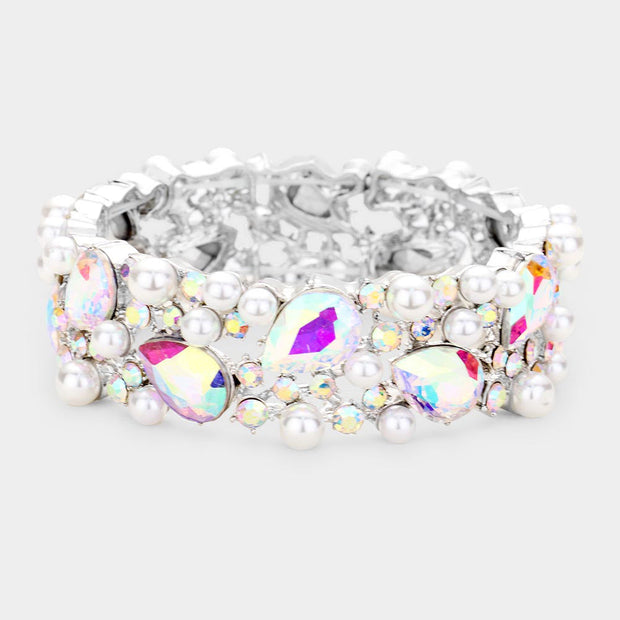 Glass Crystal Teardrop Pearl Stretch Bracelet
