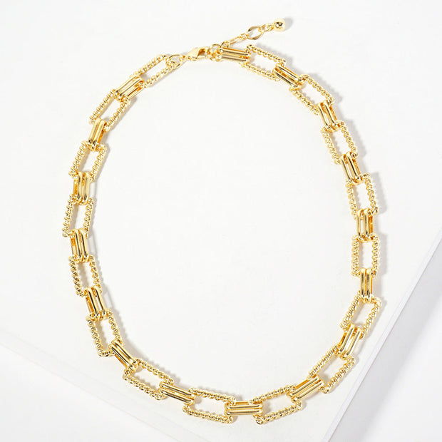 Gold Dipped Textured Rectangle Link Chain Necklace