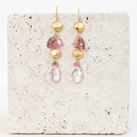 Pink Clear Quartz & Pink Tourmaline Gold Drop Earrings