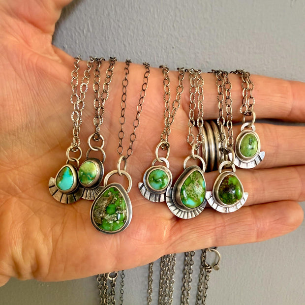 Sonoran Gold Turquoise Necklace in Sterling Silver | Small Fan Back Detail | 18 Inch Oxidized Chain