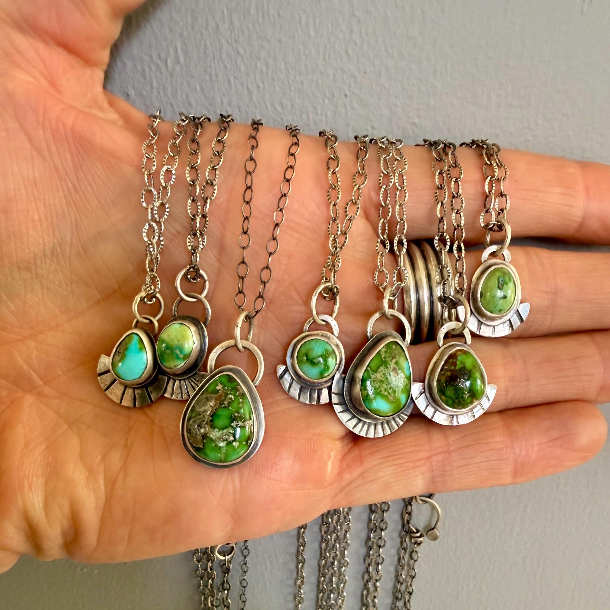 Sonoran Gold Turquoise Necklace in Sterling Silver | Small Green Teardrop Pendant